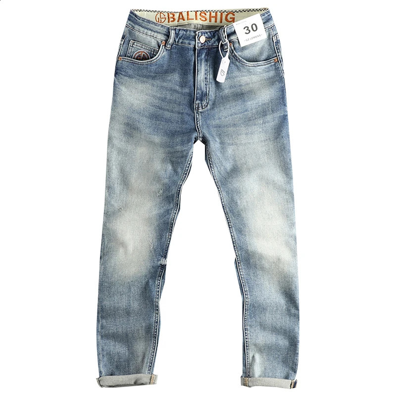 13oz Embroidery Light Blue Washed Denim Jeans for Men Spring Fashion Slim Fit Pants Clothes for Youth Male Casual Trousers 240823