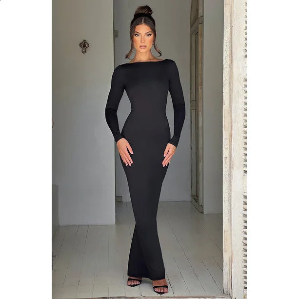 Womens Red Fashion Banquet ins Slim Long Sleeve Backless Sexy Package Hip Dresses 240823
