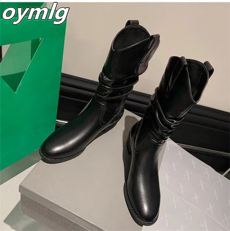 2024 Autumn/Winter Western Cowboy Boots Mid Leg Boots Suede Boots Foot Stacked Chelsea Boots 240823