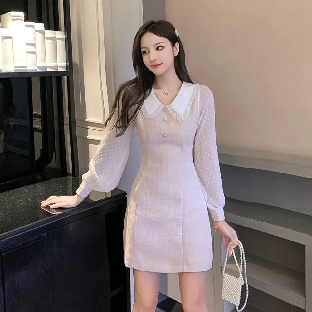 Fashion Sweet Pink Dress Womens Long Sleeve Tweed Mesh Long Sleeve Dresses Autumn Winter Polka Dot Pearl Office Work Vesitdos 240824