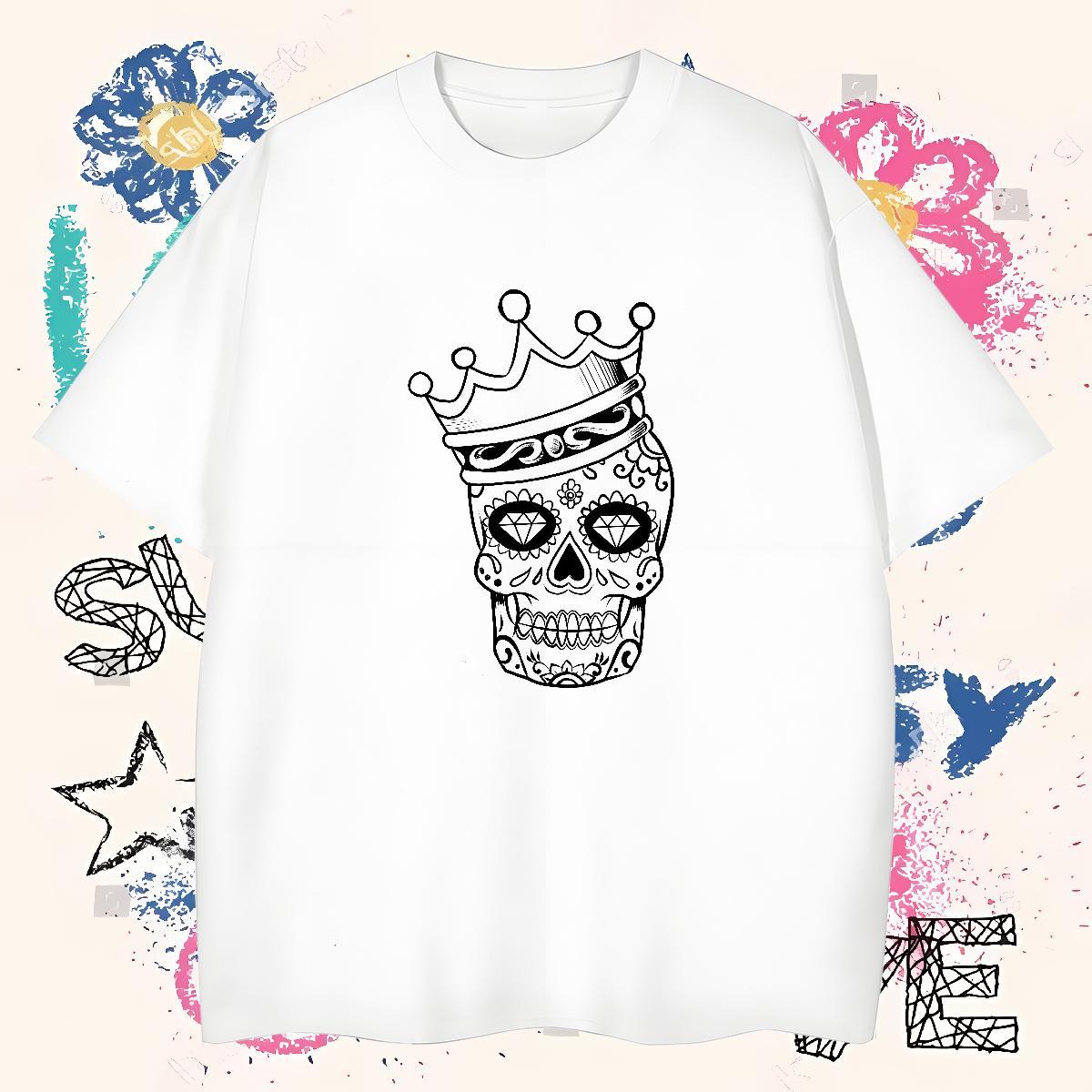 Loose Man T Shirts 100% Cotton 230g skull Anime Printing Street Skull Crew Neck Tshirts Casual New Tops Tees