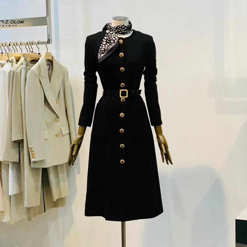 Autumn Winter Female Elegant Single-Breasted Mid-Length Tweed Dress Womens Lace-up Long Sleeve Waist-Slimming Dress 240824