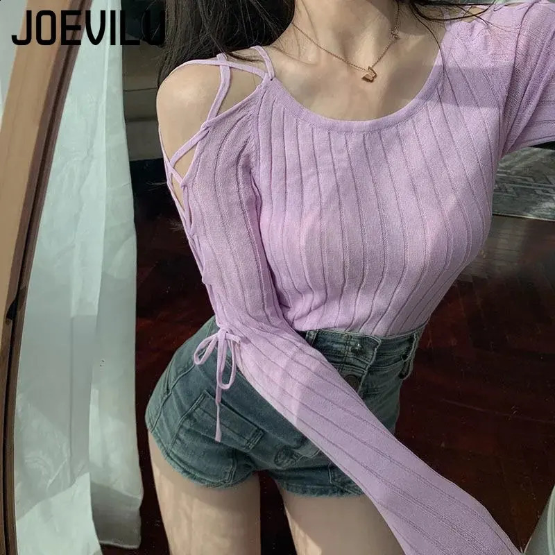 Bandage Long Sleeve Knitted Shirt Womens Off Shoulder Sexy Tops Slim Chic T-shirt Spring and Autumn Pullover Solid Y2k Sweater 240824