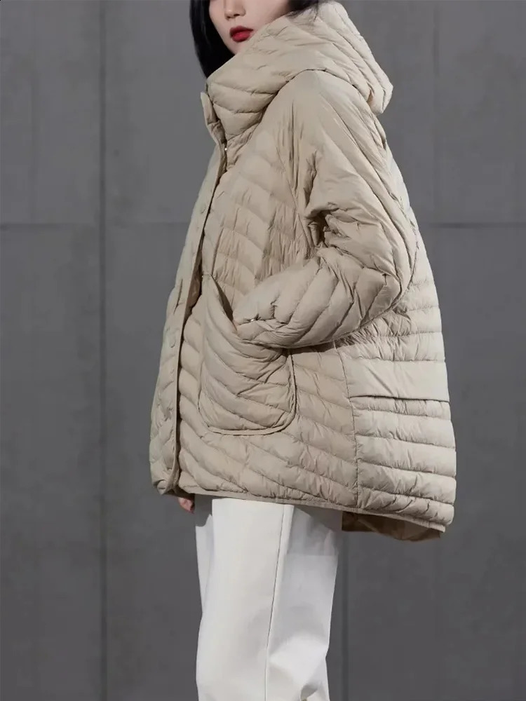 Lagabogy Winter Ultra Light Inflatable Jacket Womens 90% White Duck Down Loose Hooded Leisure Park Windproof Basic Coat 240823
