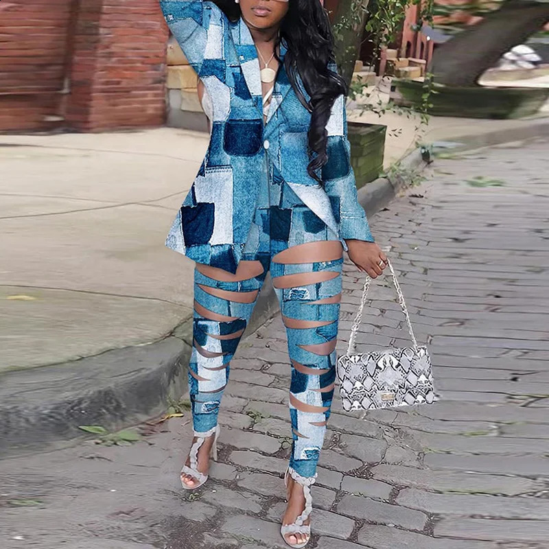 Plus Size Women Two Piece Set Turn Down Collar Vintage Print Autumn Long Sleeve Jacket Blazer Slim Hollow Out Pants Suit 240823