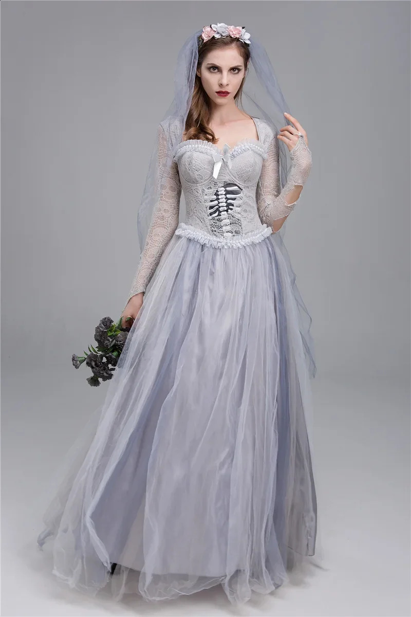 Adult horror zombie ghost bride costume cosplay Halloween fancy party dress with veil suitable for women 240823