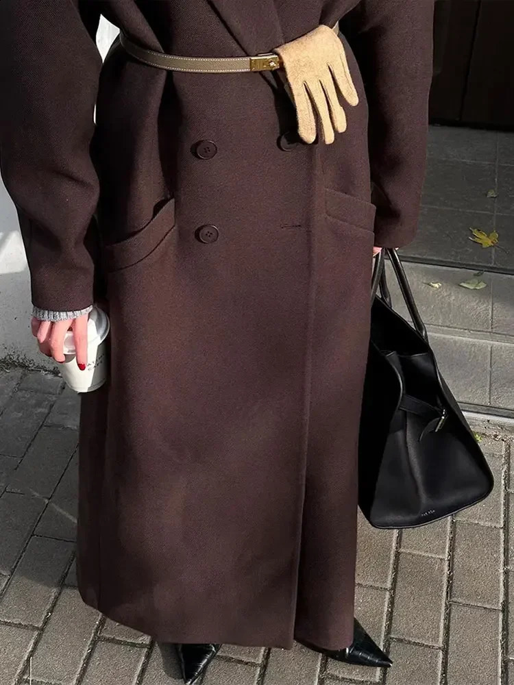 Women Fashion With Pockets Long Sleeves Casual Overcoat Elegant Doublebreasted Lapel Woolen Coats 2024 Lady Warm Streetwear 240823