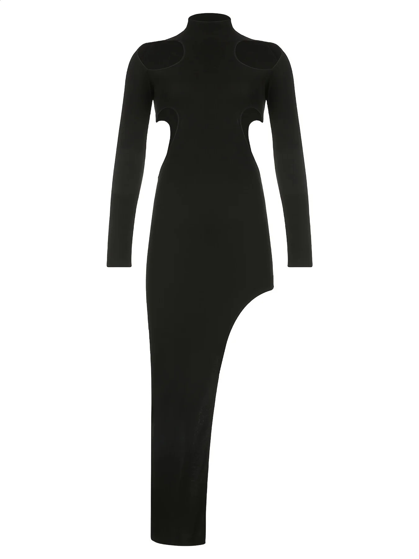 CHEEKDOURL Womens Summer Y2K Solid Hollow Fitting High Collar Long Sleeve Irregular Hem High Slit Maxi Dress Bar Party Dress 240823