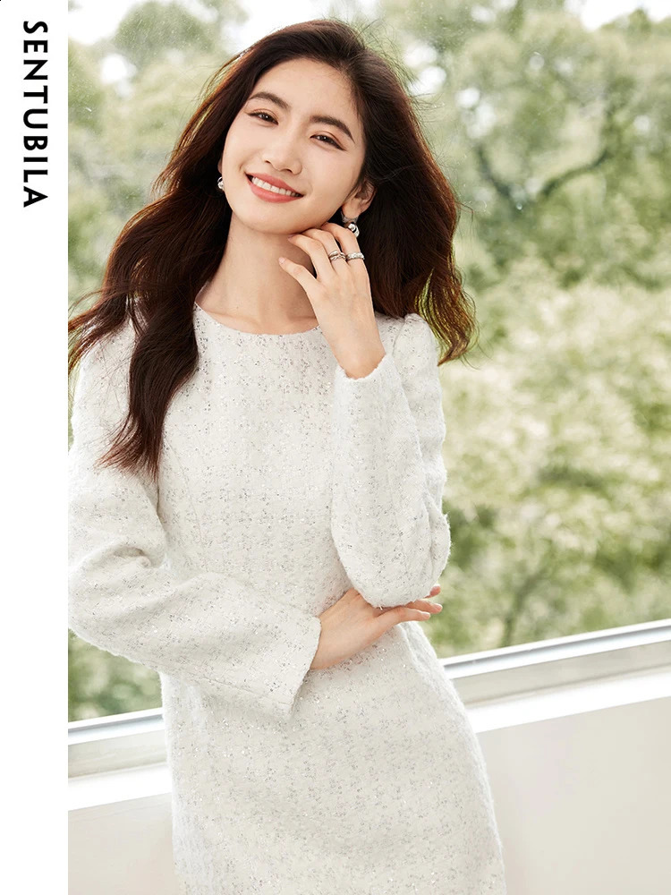 SENTUBILA Elegant Sequin Tweed Dresses Women O-Neck Fashion Knee Length Office Lady Long Sleeve Straight Dress Woman 134L52297 240824