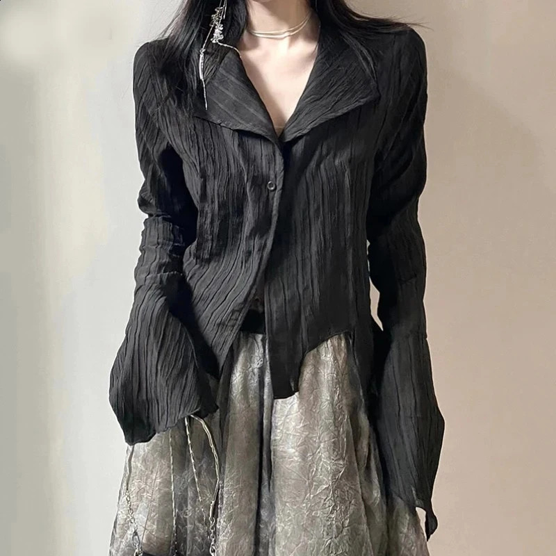 Gothic Women Black Shirts Korean Dark Academic Female ned Irregular Tops Spring Fashion Streetwear Y2K Blouse 240823