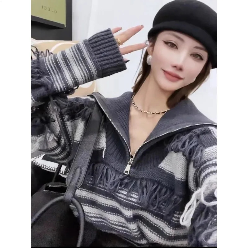 Japanese Y2K Women Sweater Vintage Tassel Knitted Pullover Harajuku Ulzzang High Street Turtleneck Zipper Sweater Jumper 240824