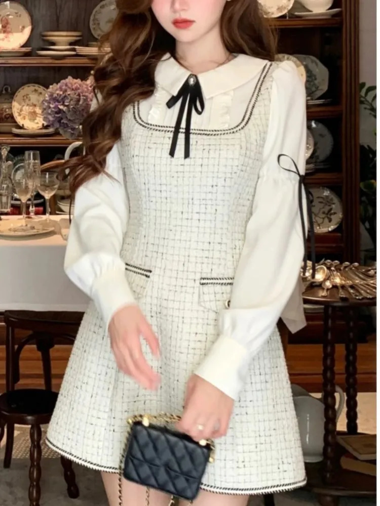 Elegant Patchwork Short Dresses for Women Vintage Long Sleeve Tweed Birthday Party Evening Dresses Korean Autumn Female Vestidos 240824