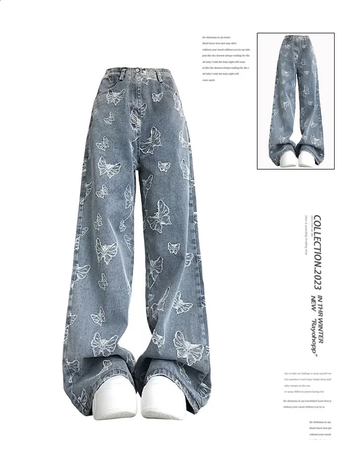 Womens Blue Jeans Harajuku Y2k 2000s 90s Fashion Street Clothing Pocket Denim Trouser Butterfly Retro Garbage 240823