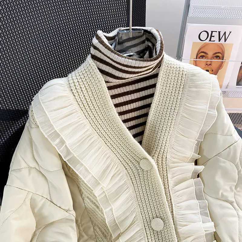 Women's Down Parkas KUSAHIKI Causal Parka Patchwork Sweater Women Autumn Winter Korean Knitted Cardigan Parka Coat 2023 New Cardigan Outwear Tops