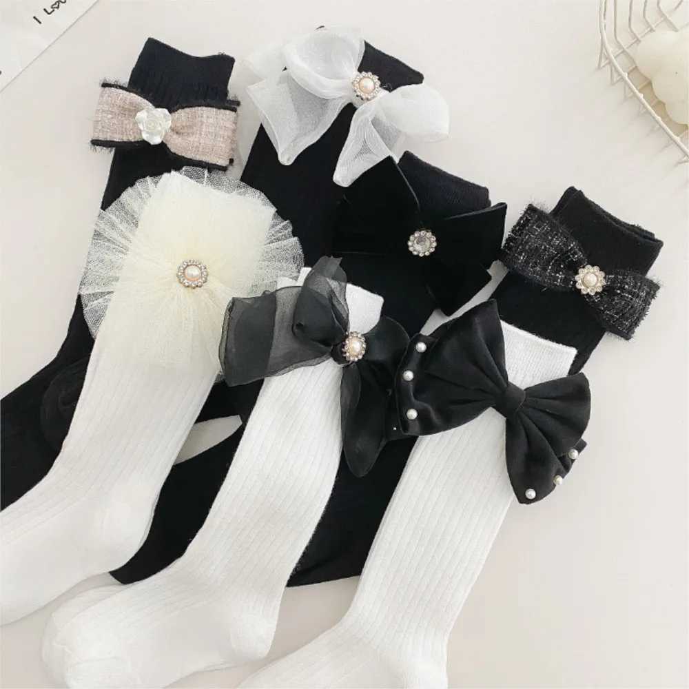 Girls socks pearl big bowknot sweet princess calf sock kids baby combed cotton sokken toddler infant knee high stocking CL240824