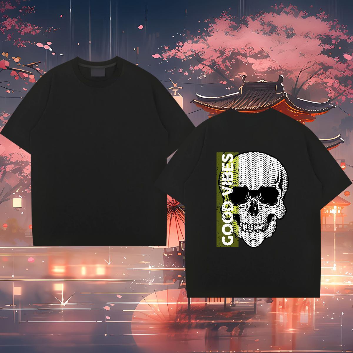 High Quality T shirt 230g 100% Cotton skull High Street Hip Hop Floral Print Round Neck Short Sleeve Men Tshirts Free Shipping Tee Shirt