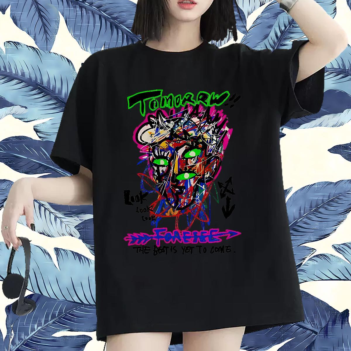 Popular Woman Tshirt 230g 100% Cotton graffiti Summer Casual T Shirts Women Short sleeve Soft Anime Clothes Shirt
