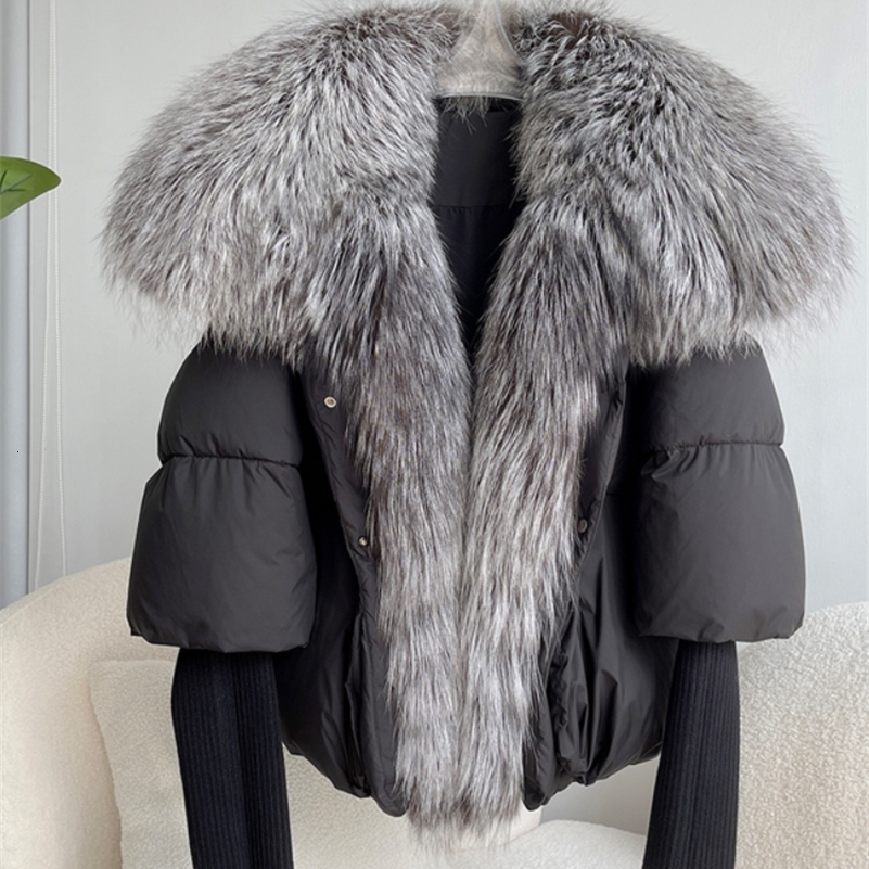 ANNSIRGRA Womens Winter Coat White Duck Down Jacket Super Large Real Silver Fox Fur Collar Knitted Sleeve Fashion Outerwear 240823