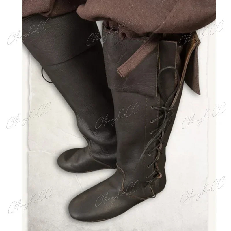 Renaissance medieval role-playing Gothic punk pirate prop shoes PULEATHER KNIGHT high boots mens paladin costume wizard 240823
