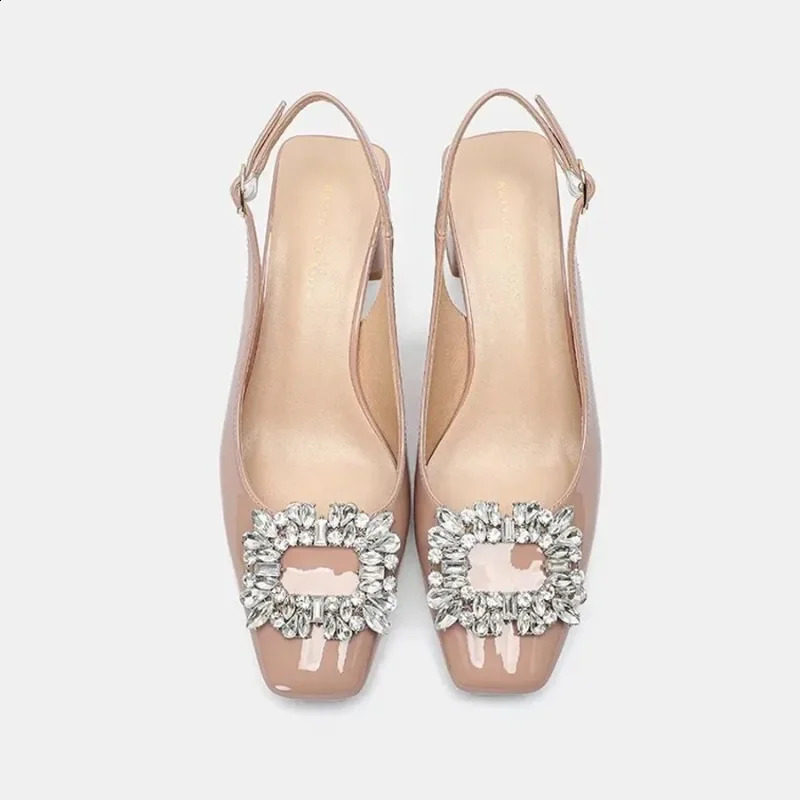 Nude sandals womens patent thick leather heel toe 2024 spring/summer item small square toe rhinestone French single shoe 240823