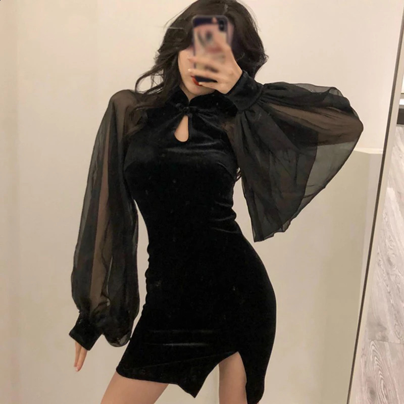 Autumn Womens Cheongsam Dress Side Split Lantern Sleeve Slim Fit Long Sleeves Dress Mandarin Collar Y2K 240823