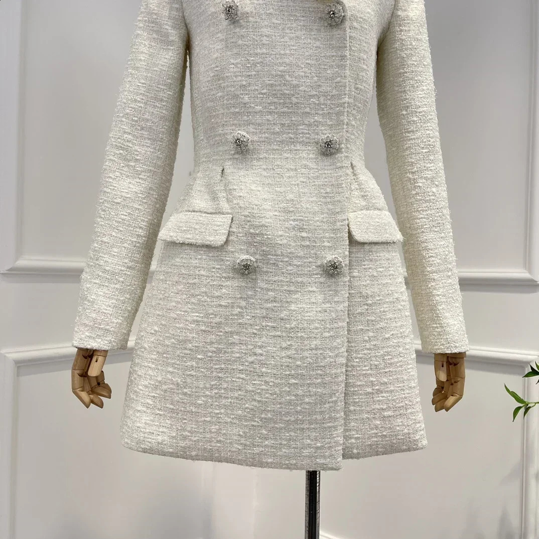 Spring Top Quality Beige Long Sleeve High Waist Double Breasted Tweed Elegant Mini Dress for Women 240824