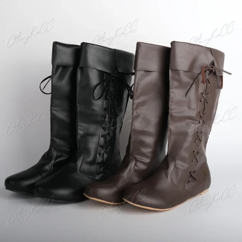Renaissance medieval role-playing Gothic punk pirate prop shoes PULEATHER KNIGHT high boots mens paladin costume wizard 240823