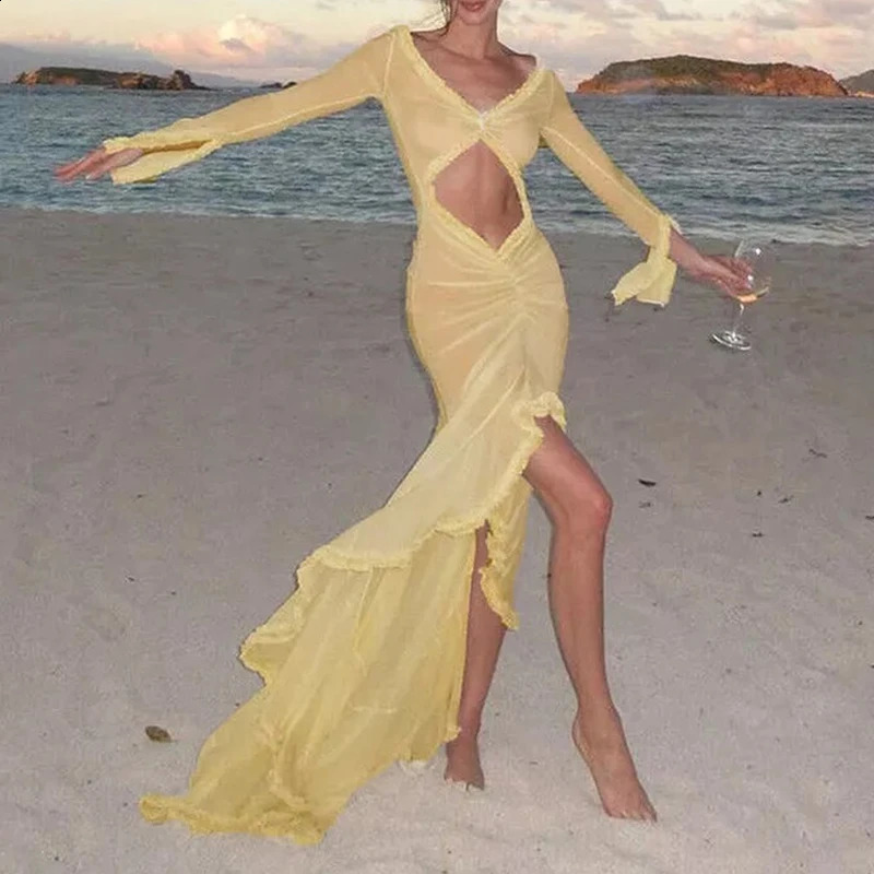Beach Vacation Sexy Mesh Sheer Women Dress Ruffles Lace Ruched Bodycon Maxi Dress Elegant Hollow V-Neck Splits Long Sleeve Dress 240823