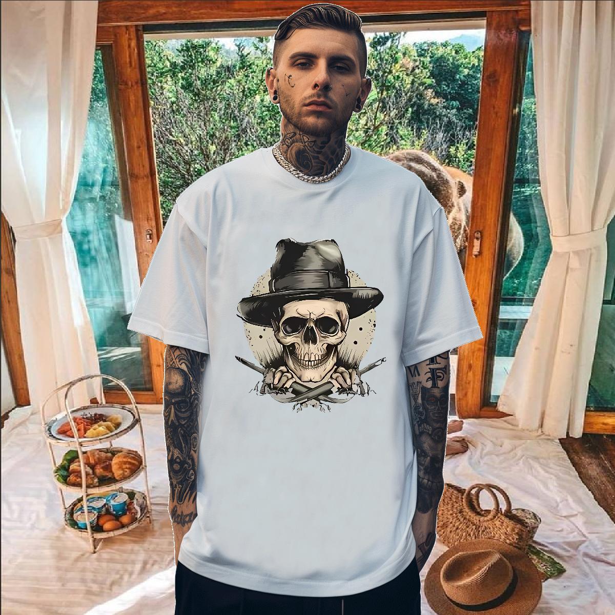 Popular T Shirt For Man 100% Cotton 230g skull Daily Outfit Oversized O Neck Short Sleeves Tshirts 2024 Designer Tops