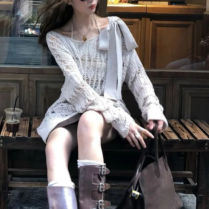 DeepTown Coquette Y2k Womens Sweater Hollow out Knitwear Spring Oversize Knit Off The Shoulder Pullovers Streetwear Vintage 240824