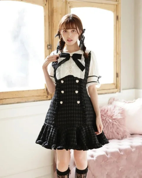 Liz Japanese Mine Mass-Produced Sweet Double-breasted Dress Classic Style Bow Grid Slim Long Sleeve Tweed Dress for Women 240824