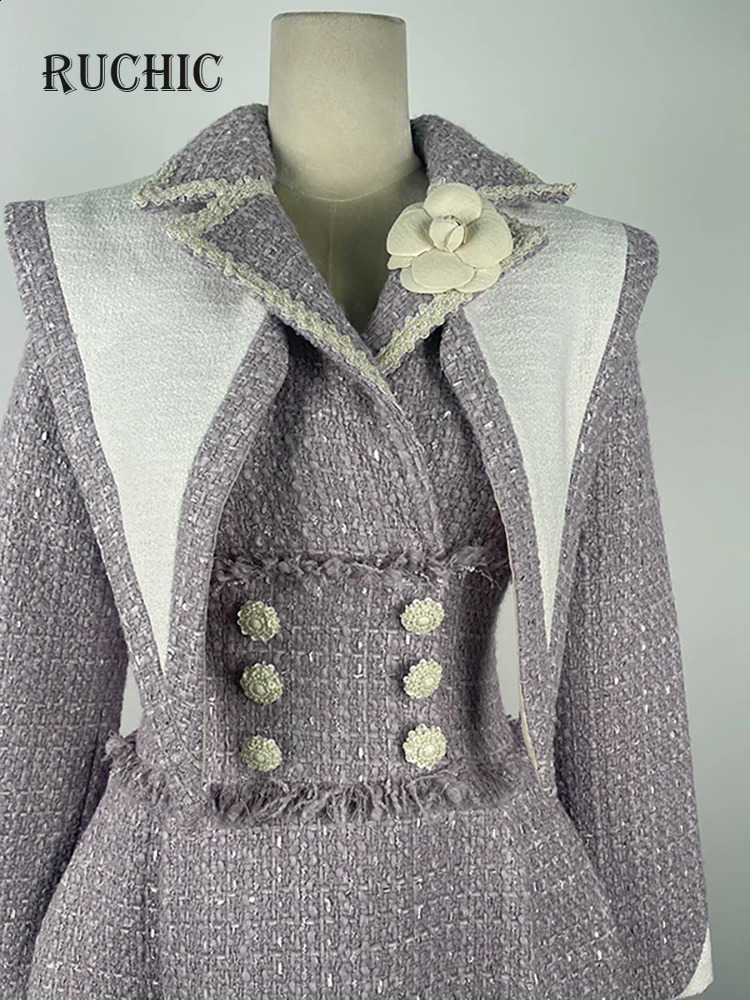 Womens Fashion Dress Shawl Notched Collar 3D Flower Tweed Contrast Color Button Elegant Spring Dresses Chic n 240824