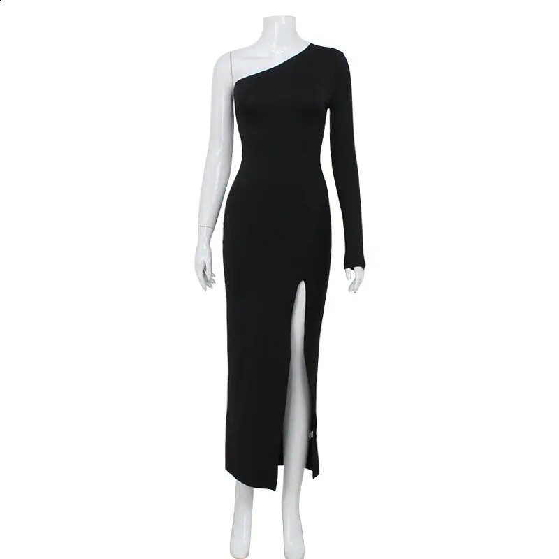 Ahagaga Party Fashion Sexy Solid Women Maxi Dresses One Shoulder Long Sleeve Regular Casual High Split Slim Sheath Vestidos Robe 240823