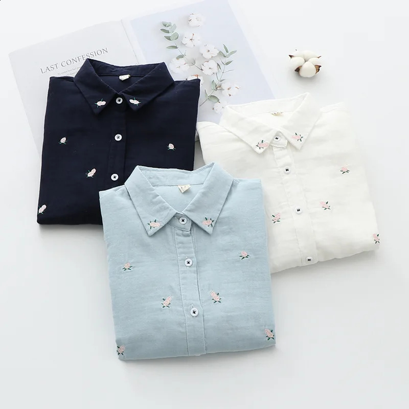 Spring Autumn Fresh Cotton Yarn Ladies Long Sleeve Shirt Flower Embroidered Womens Casual Shirt Female Blouse Clothes 240823