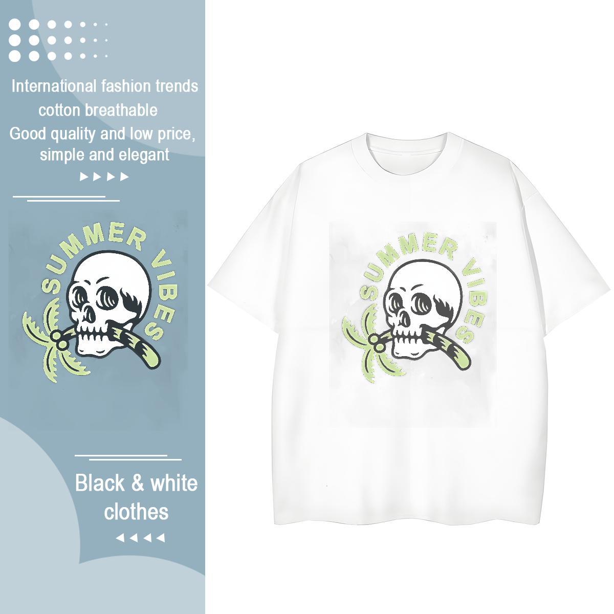Wholesale T Shirts Men 230g Pure Cotton skull Street Wear DIY Round Neck Short Sleeve Tshirt for Man Woman New Tees