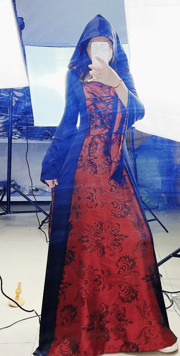 Medieval retro Gothic hoodie witch long leather y womens party dress cosplay Halloween adult costume 240823