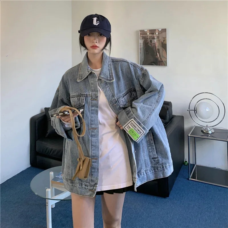 High Street Fashion Oversized Denim Jacket Women Korean Loose Long Sleeve Button Down Jean Jackets Female 240824
