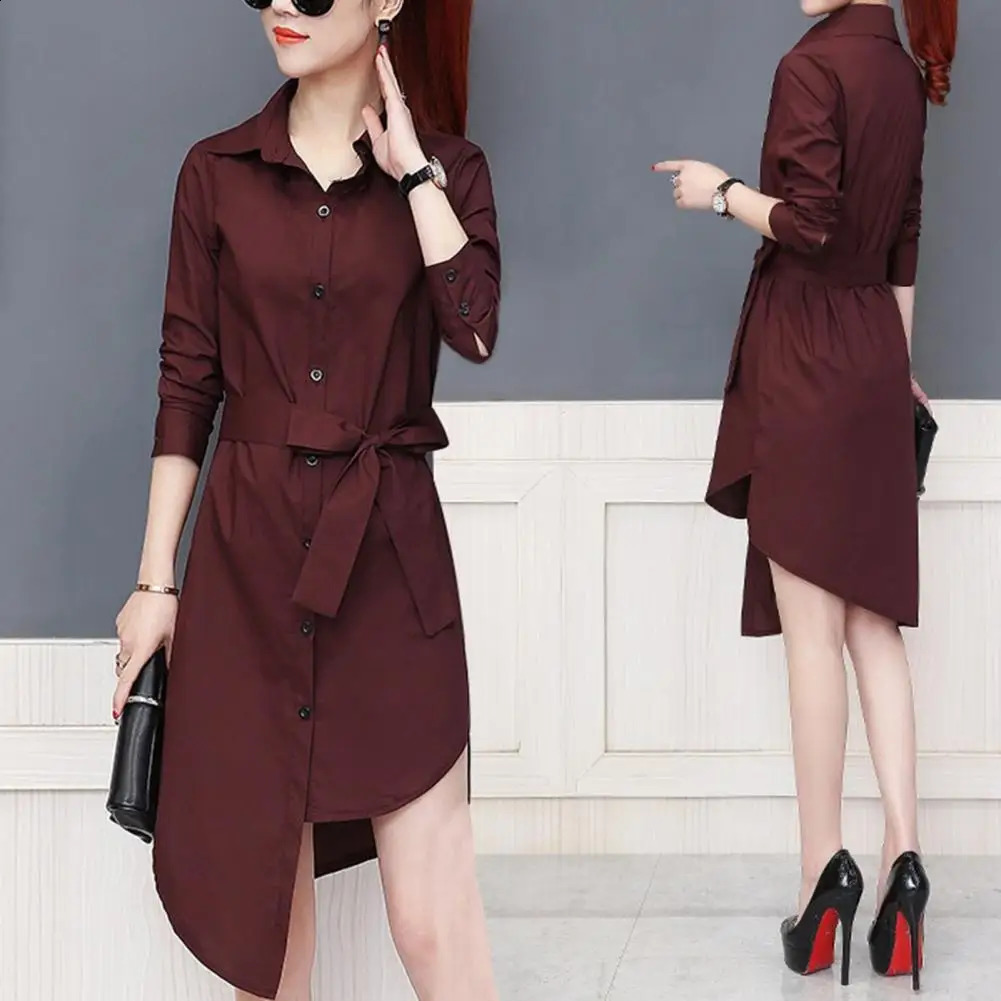 M-4XL Women Shirt Dress Long Sleeve Commute Mild-length Polyester Irregular Tied Belts Spring Office Lady Shirt Female Clothing 240823