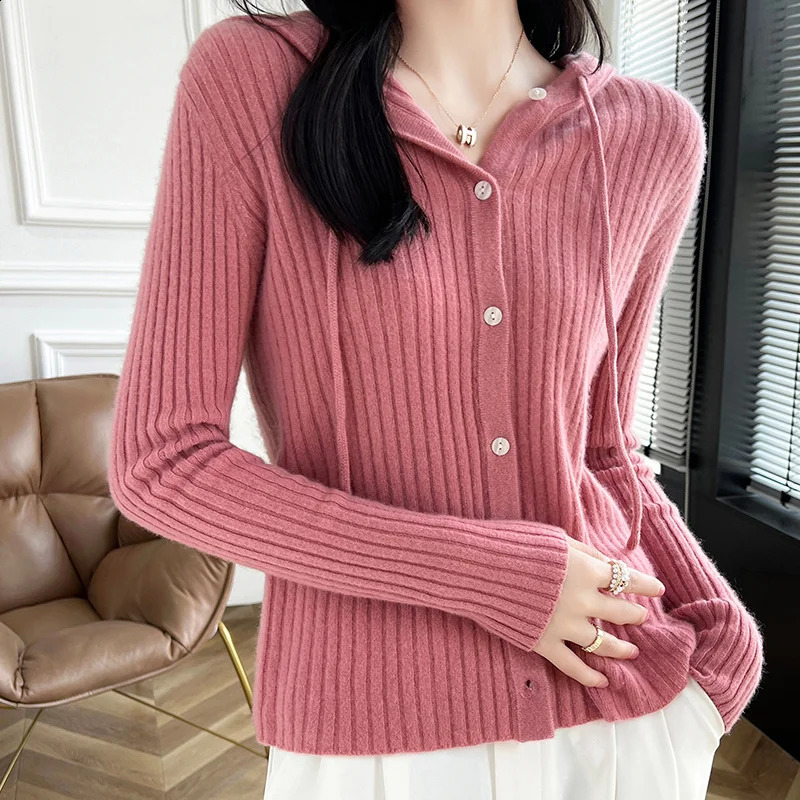 Womens Cardigan Autumn/Winter 100% Wool Sweater Casual Solid Knit Cardigan Hooded Collar Tops Ladies Clothes Slim Fit Blouse 240824