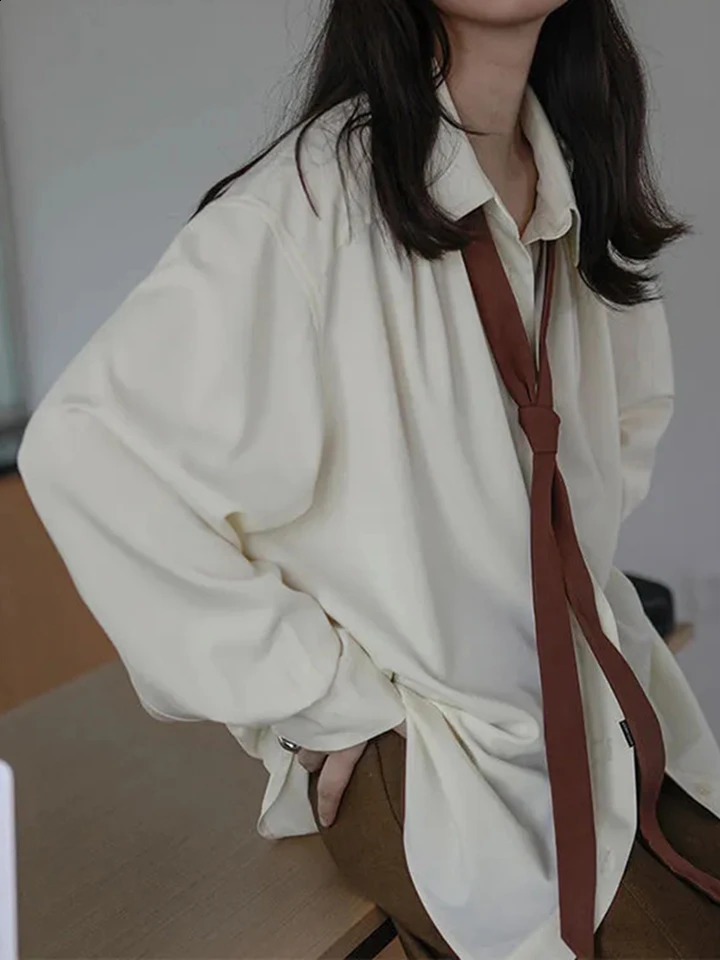 Summer Elegant Long Sleeve Shirt Women Korean Solid Tie Chic Button Blouse Loose Harajuku All Match Office Ladies Simple Tops 240823
