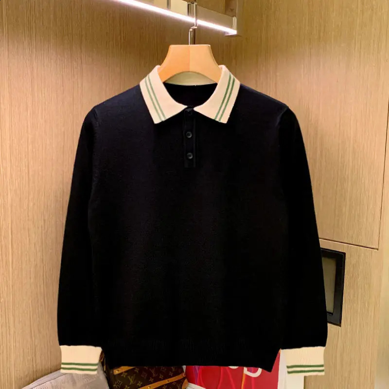 Korean Fashion Men Polo Shirts Long Sleeve Knitted Turn-down Collar T-shirts Patchwork Slim Casual Tops 240824