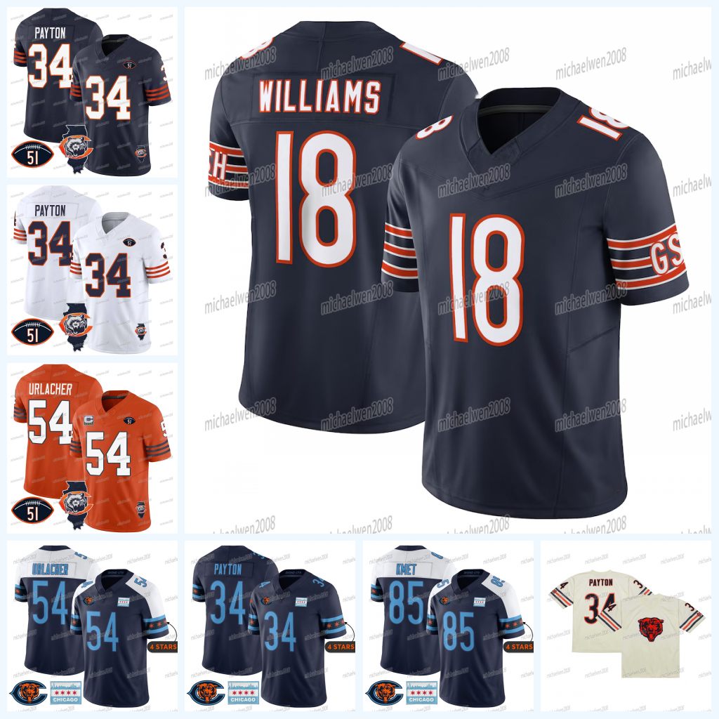 18 Williams Bears Jerseys 15 Rome Odunze DJ Moore Jaquan Brisker Darnell Wright Cole Kmet Devin Hester Walter Payton Montez Sweat Keenan Allen D'Andre Swift