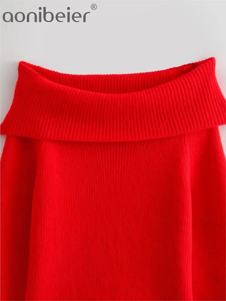 Aonibeier Off Shoulder Women Sweater Traf Autumn Long Sleeve Slash Neck Knitted Pullovers Female Top Y2K Jumpers Red Pull 240824