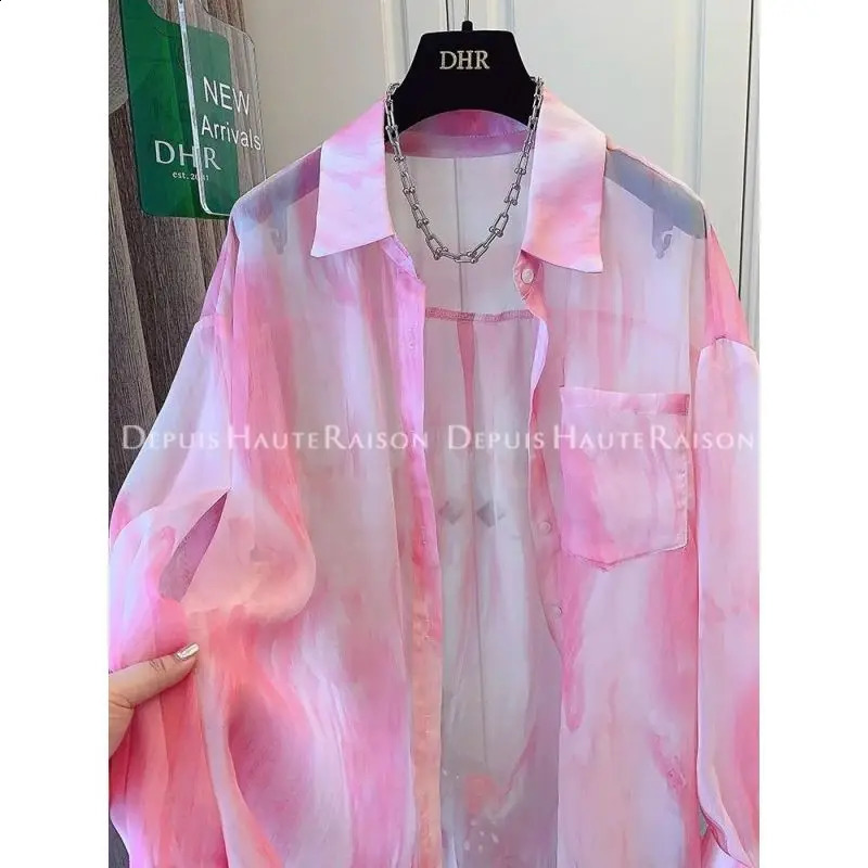 Women Summer Korean Loose Sweet Tie Dye Chiffon Polo-Neck Long Sleeve Sunscreen Shirts Women Clothes Casual All-match Trend Tops 240823