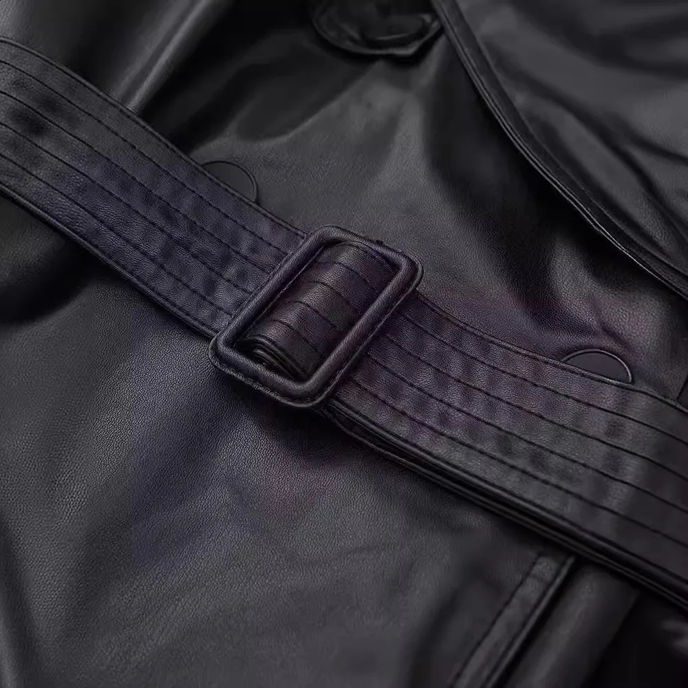 Autumn and Winter Long Oversized Black Pu Leather Trench Coat for Women Belt Double Breasted Loose Casual Korean Fashion 240824