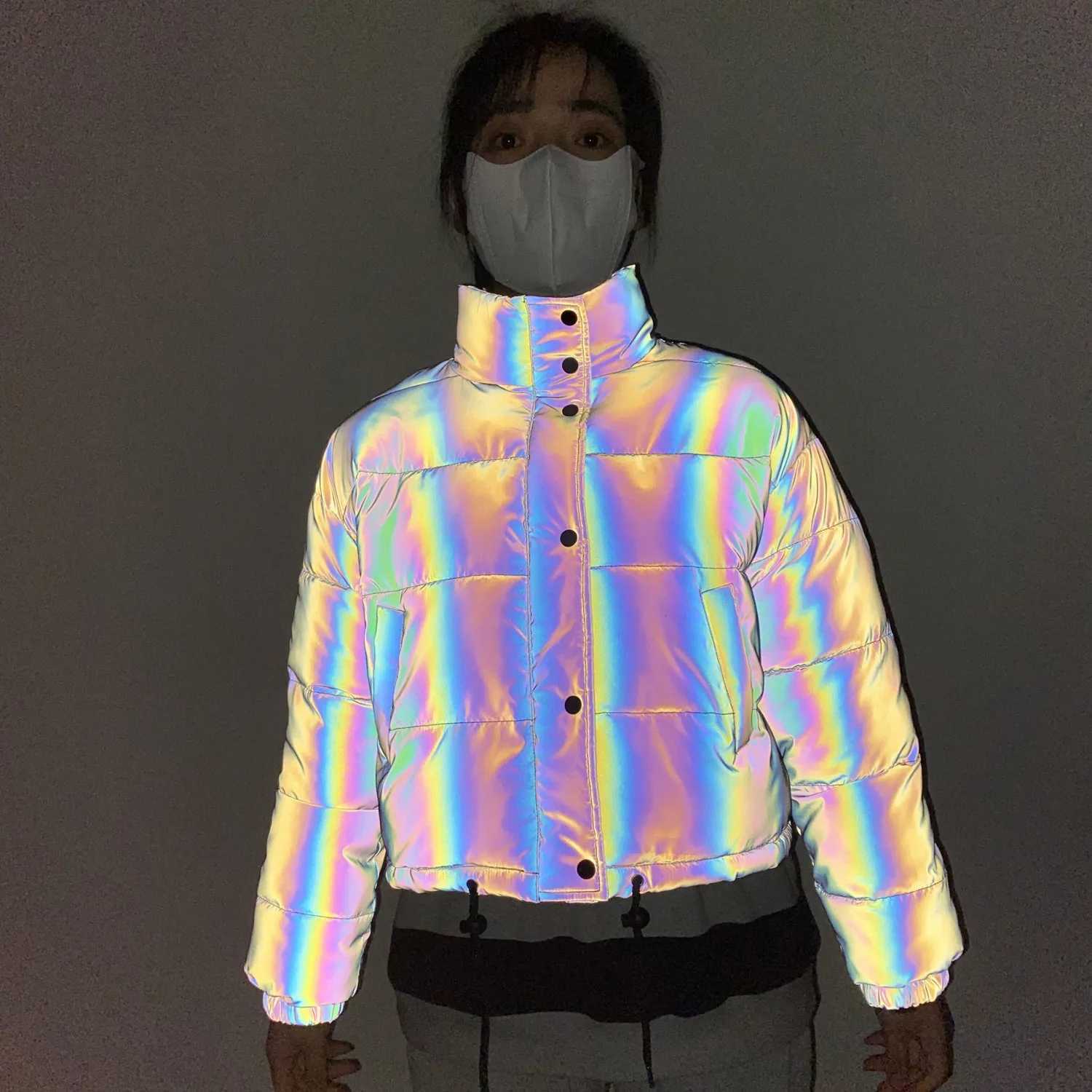 Women's Down Parkas Rainbow reflective winter jacket for women fashionable warm cut jacket night reflective safe casual short park jacket Y240824