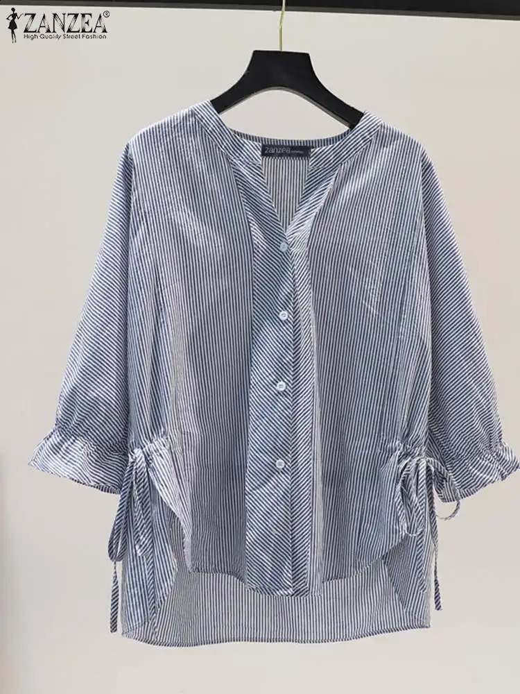 ZANZEA Women Striped Shirt Korean 3/4 Sleeve Blouse Fashion V Neck Buttons Shirt Drawstring Asymmetrical Tunic Casual Loose Tops 240823