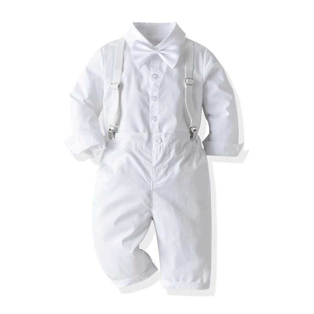 White toddler boy suit gentlemans clothing Baptist dress bib pants solid color party wedding handsome childrens clothing 1-6Y set W240823