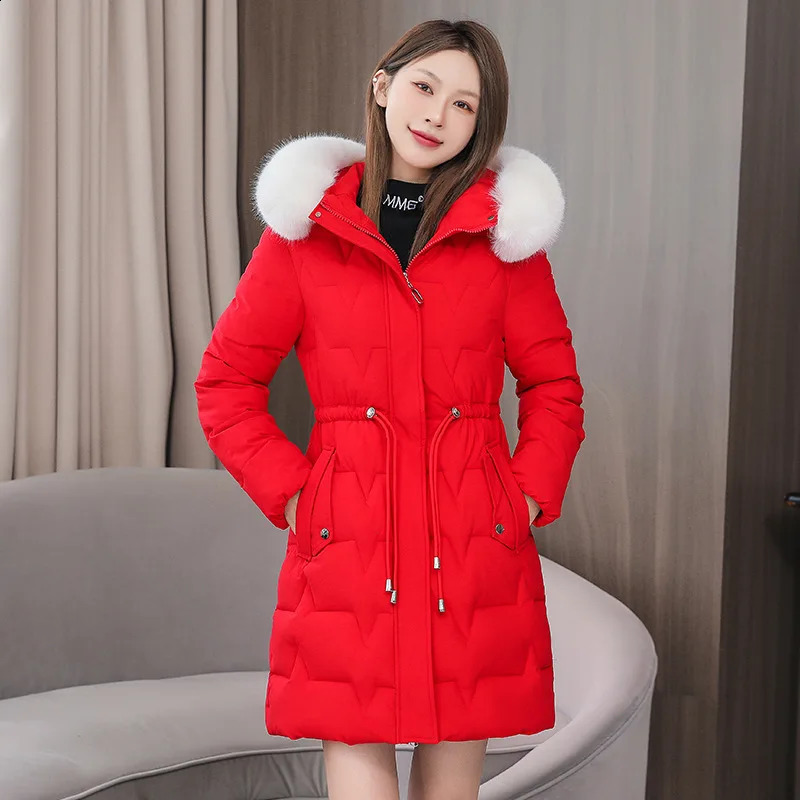 winter womens Parka fur hooded jacket thick cotton padding cushioned casual long clothing loose 240823