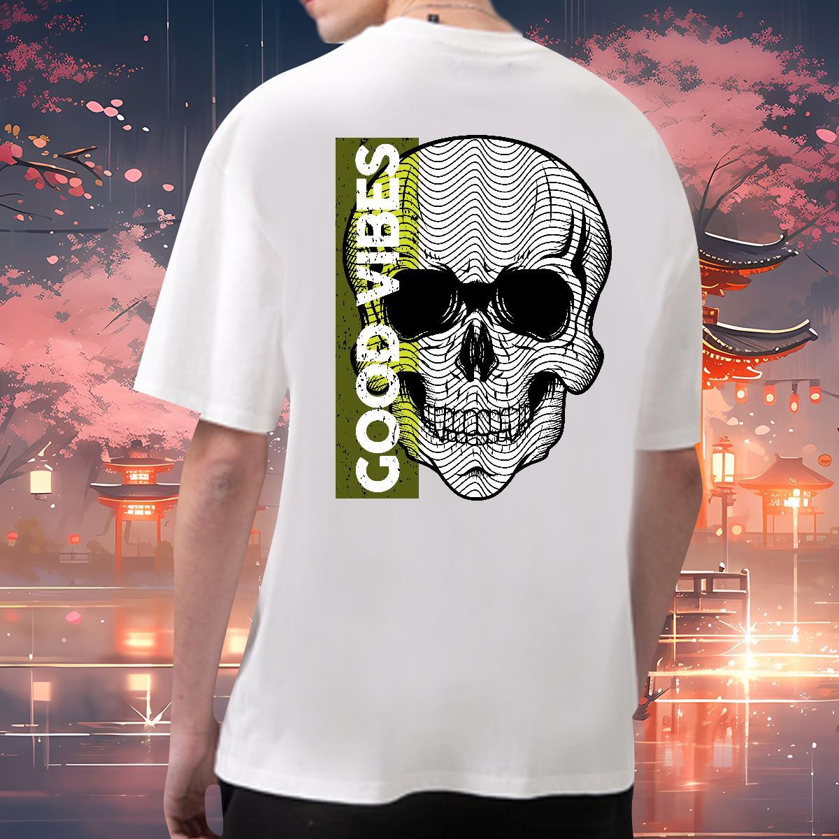 High Quality T shirt 230g 100% Cotton skull High Street Hip Hop Floral Print Round Neck Short Sleeve Men Tshirts Free Shipping Tee Shirt